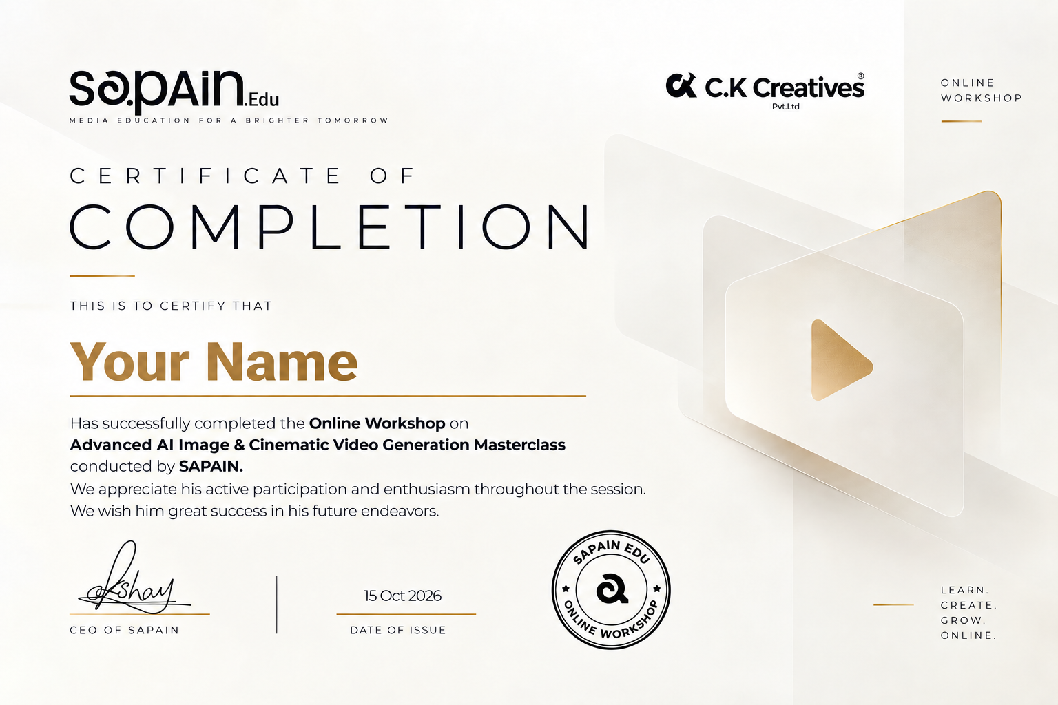 Sapain AI Masterclass Completion Certificate